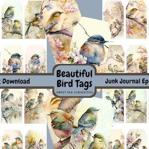 Vögel, Digital, Download, Printable, Tags, Junk Journal Kit, Junk Journal, Zubehör, Collage, Scrapbook, Edith Holden, Vintage, Blumen,