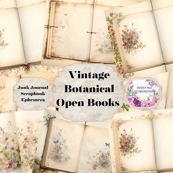 Botanical Open Book, Digital, Download, Printable, Flowers, Junk Journal, Ephemera, Scrapbooking, collage, Sepia, Papercrafts, Journal