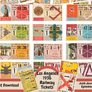 Los Angeles, 1936 Railway, Tickets, Digitaal, Download, Afdrukbaar, Ephemera, Vintage, Papier, Collage, Scrapbook, Junk Journal Supplies, Kunst