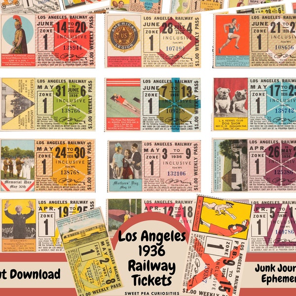 Los Angeles, 1936 Railway, Tickets, Digital, Download, Printable, Ephemera, Vintage, Paper, Collage, Scrapbook, Junk Journal Supplies, Art