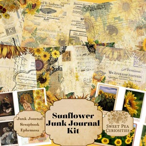 Junk Journal, Digitaal, Download, Afdrukbaar, Zonnebloem, Vintage, Natuur, Collage, Plakboek, Junk Journal Supplies, Ephemera, Papier, Kit, Pack