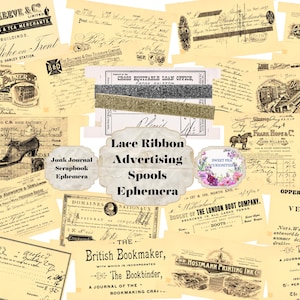 Vintage, Propaganda, Carretéis de renda, amarelo, Kit de diário de lixo, Digital, Download, Imprimível, Diário de lixo, Álbum de recortes, Ephemera, Shabby Chic