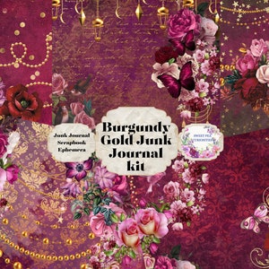 Kit de journal indésirable bordeaux et or, journal indésirable, collage, téléchargement, numérique, téléchargement, magasin, fleur, papier, pack journal indésirable, scrapbooking