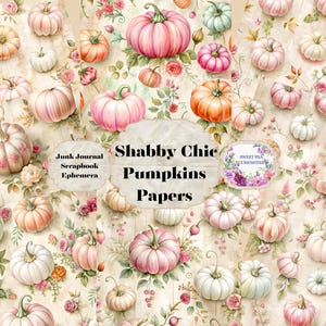 Puede incluir: Un paquete de papel digital con un diseño shabby chic con calabazas de color rosa pastel, blanco y naranja sobre un fondo crema con detalles florales. El texto "Shabby Chic Pumpkins Papers" está en el centro de la imagen.