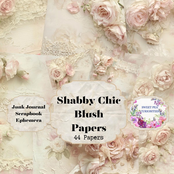 Shabby Chic Blush, Papers, Digital, Download, Printable, Junk Journal, Collage, Scrapbook, Ephemera, Paper, File Folders, Pockets, Tags