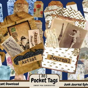 Pocket Tags, Digital, Download, Printable, Junk Journal Supplies, Ephemera, Pack, Junk Journal, Mixed Media, Scrapbook, Journal, Crafts, Art