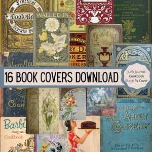 May include: A collage of 16 vintage book covers featuring various titles and designs. The covers are mostly in shades of green, brown, and yellow, with some featuring floral patterns and illustrations. The text on the covers includes titles like "Practical Cook Book", "Walled In", "The Italian Cook Book", and "Mrs. Beeton's All About Cookery".