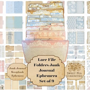 Encaje, papel, carpetas, bolsillos, etiquetas, kit, digital, descarga, imprimible, diario basura, collage, álbum de recortes, suministros, efímera