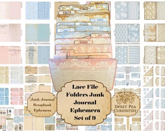 Lace,Paper, File Folders, Pockets, Tags, Kit, Digital, Download, Printable, Junk Journal, Collage, Scrapbook, Supplies, Ephemera