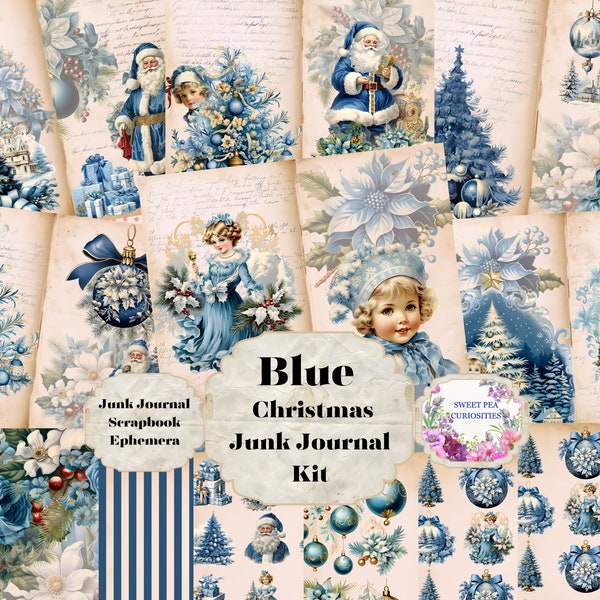 Junk Journal Kit, Junk Journal, Printable, Digital, Download, Junk Journal ephemera, Collage, Scrapbook, Christmas, Blue Christmas, Vintage