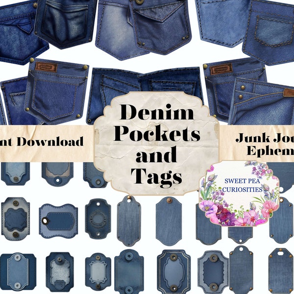 Printable, Download, Digital, Blue, Denim, Junk Journal, Supplies, Tags, Pockets, Labels, Ephemera, Collage, Vintage, Papers, Scrapbook