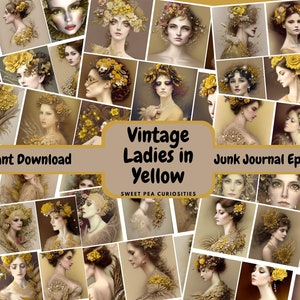 Junk Journal, Printable, Download, Digital, Yellow, Floral, Vintage, Ladies, Ephemera, Collage, Mixed Media, Scrapbook, Journal Supplies