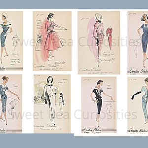May include: Eight vintage fashion illustrations featuring women wearing different outfits. The illustrations are in black and white with a watercolor wash. The illustrations are labeled with the text "Creators Studios" and a design number.