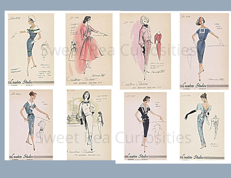 May include: Eight vintage fashion illustrations featuring women wearing different outfits. The illustrations are in black and white with a watercolor wash. The illustrations are labeled with the text "Creators Studios" and a design number.