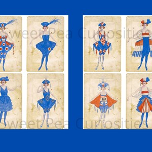 Pu&ograve; includere: Sei illustrazioni vintage di donne che indossano costumi blu, rossi e bianchi. Le donne sono raffigurate in varie pose e i loro costumi presentano una variet&agrave; di motivi e disegni. Le illustrazioni sono su uno sfondo marrone chiaro.