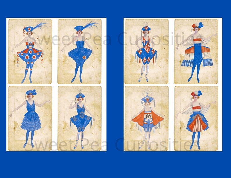 Pu&ograve; includere: Sei illustrazioni vintage di donne che indossano costumi blu, rossi e bianchi. Le donne sono raffigurate in varie pose e i loro costumi presentano una variet&agrave; di motivi e disegni. Le illustrazioni sono su uno sfondo marrone chiaro.