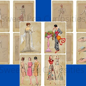 Pu&ograve; includere: Un collage digitale di illustrazioni di moda vintage con disegni di abbigliamento per donne. Le illustrazioni sono in bianco e nero e presentano vari stili di abiti, cappotti e cappelli. Il collage &egrave; su uno sfondo di carta vecchia e usurata.