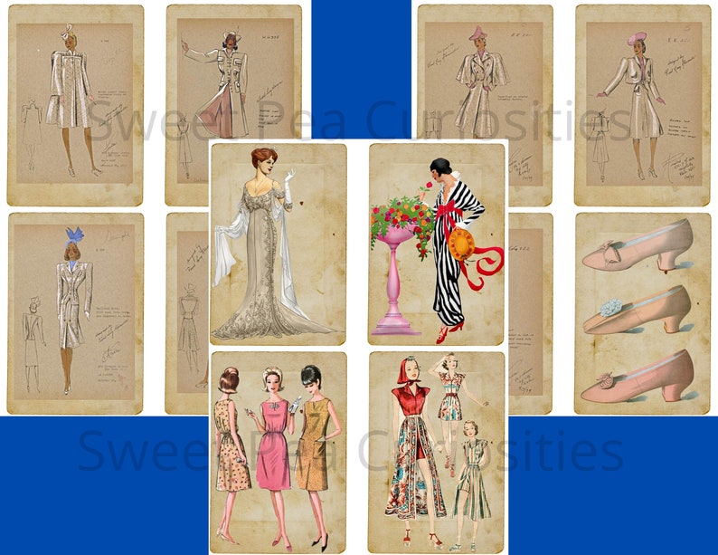 Pu&ograve; includere: Un collage digitale di illustrazioni di moda vintage con disegni di abbigliamento per donne. Le illustrazioni sono in bianco e nero e presentano vari stili di abiti, cappotti e cappelli. Il collage &egrave; su uno sfondo di carta vecchia e usurata.