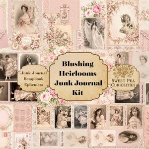 Puede incluir: Una colección de efímeros de estilo vintage para scrapbooking y junk journaling, con patrones florales rosa suave, retratos de la época victoriana, sobres y elementos decorativos con el texto Blushing Heirlooms Junk Journal Kit.