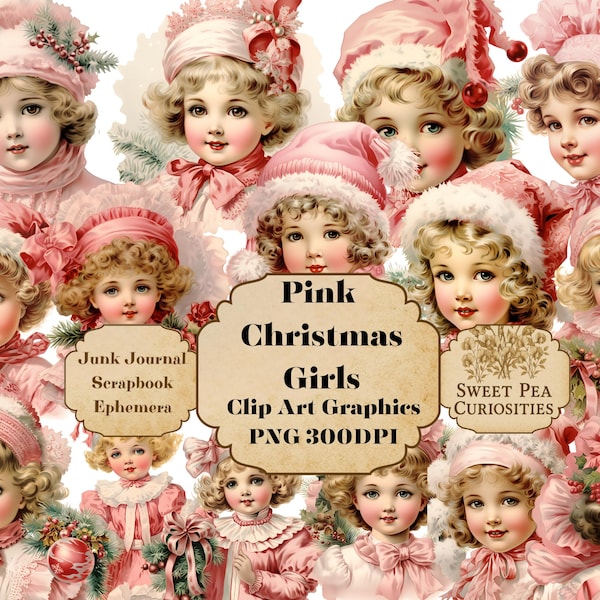 Niñas navideñas, PNG navideño, rosa, imágenes prediseñadas, digital, descarga, imprimible, PNG, diario basura, efímera, álbum de recortes, collage, diario