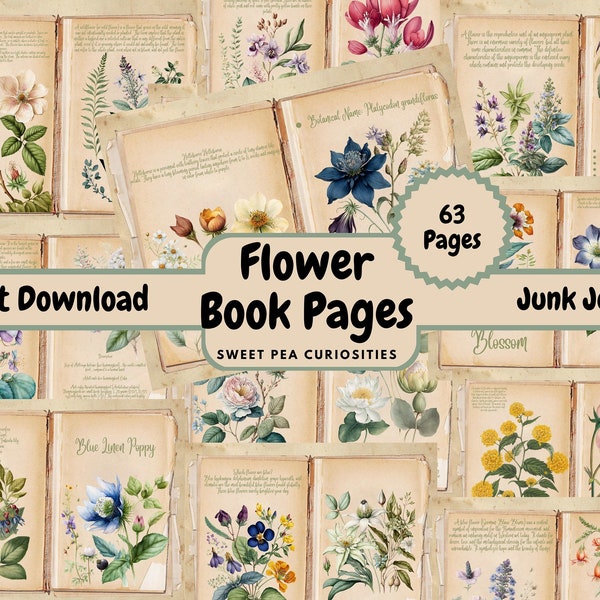 Flower Book,  Digital, Download, Printable, Junk Journal, Supplies, Collage, Scrapbook, Mixed Media, Edith Holden, Vintage, Flowers, Journal