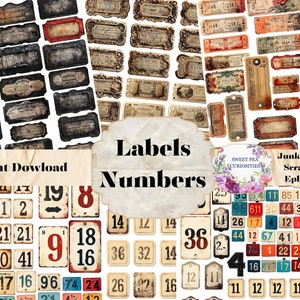 Junk Journal, Printable, Labels, Numbers, Mixed Media, Download, Digital, Junk Journal, Ephemera, Collage, Vintage, Scrapbook, Grunge image 1