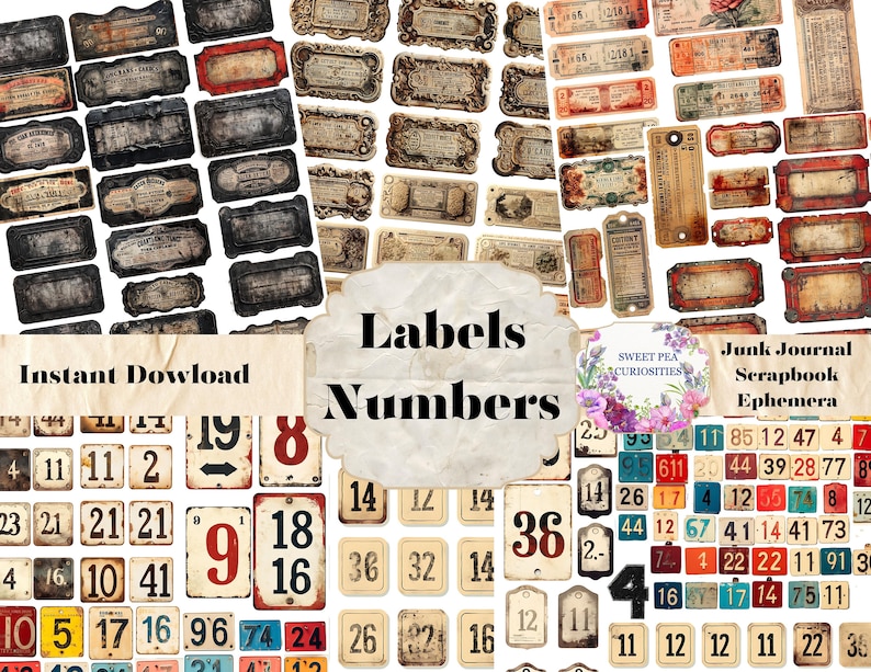 Junk Journal, Printable, Labels, Numbers, Mixed Media, Download, Digital, Junk Journal, Ephemera, Collage, Vintage, Scrapbook, Grunge image 1