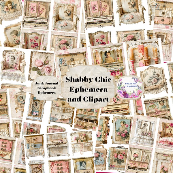 Shabby Chic, Clipart, Ephemera,  Junk Journal, Vintage, Printable, Digital Download, Junk Journal kit, Collage, Scrapbook, Pack, Mixed Media