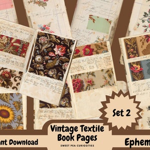 Puede incluir: Páginas de libro vintage de textiles con patrones florales en varios colores, incluyendo rojo, azul, verde y amarillo. Las páginas son de un libro etiquetado como "Set 2 Ephemera".