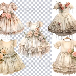 May include: Five vintage-style dresses with lace and ruffles, featuring floral embellishments and a faded, distressed look. The dresses are in shades of cream, beige, and white.