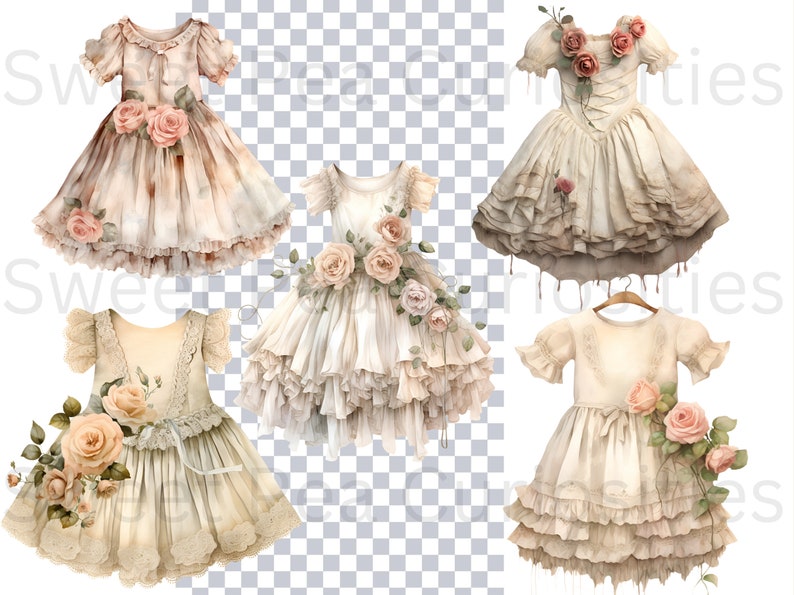 May include: Five vintage-style dresses with lace and ruffles, featuring floral embellishments and a faded, distressed look. The dresses are in shades of cream, beige, and white.