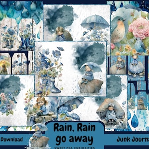 Puede incluir: Un kit de diario de chatarra digital con un tema de acuarela. El kit incluye imágenes de lluvia azul, paraguas, pájaros y flores. El texto "Rain, Rain go away" aparece en el centro de la imagen.