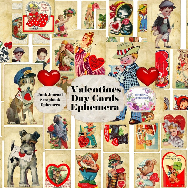 120 Vintage Valentine Day Cards, Digital, Download, Junk journal, Ephemera, Scrapbook, Collage, Vintage paper, Crafts, Gifts, Supplies, art