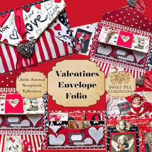 May include: A Valentine's Envelope Folio with red and white striped and heart-patterned designs. The folio includes decorative elements like ribbons, vintage images, and the text "Love". The overall theme is romantic and vintage.