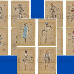 Pu&ograve; includere: Dieci illustrazioni di moda vintage di donne che indossano abiti diversi. Le illustrazioni sono in bianco e nero con alcuni accenti di colore. Le illustrazioni sono su uno sfondo beige con note scritte a mano.