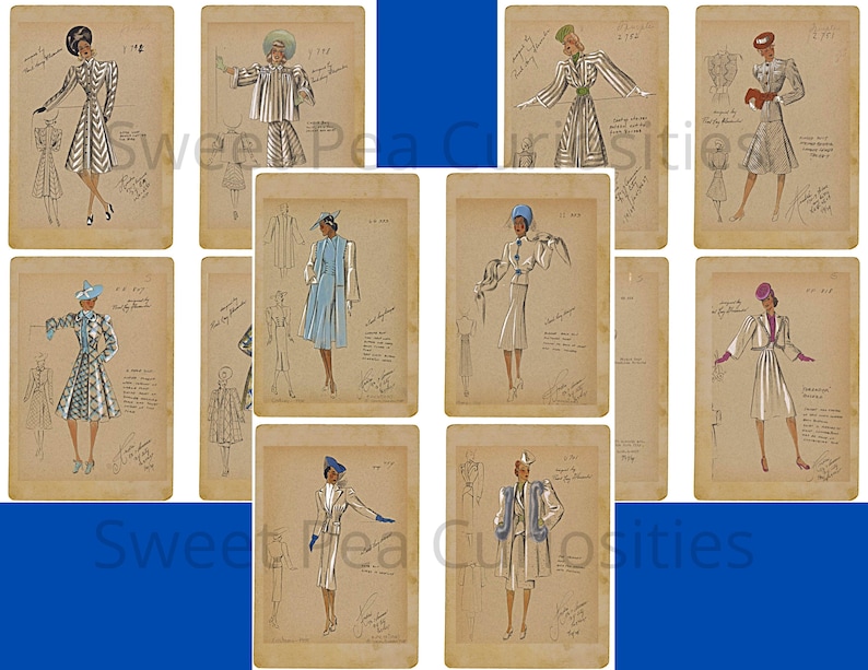 Pu&ograve; includere: Dieci illustrazioni di moda vintage di donne che indossano abiti diversi. Le illustrazioni sono in bianco e nero con alcuni accenti di colore. Le illustrazioni sono su uno sfondo beige con note scritte a mano.