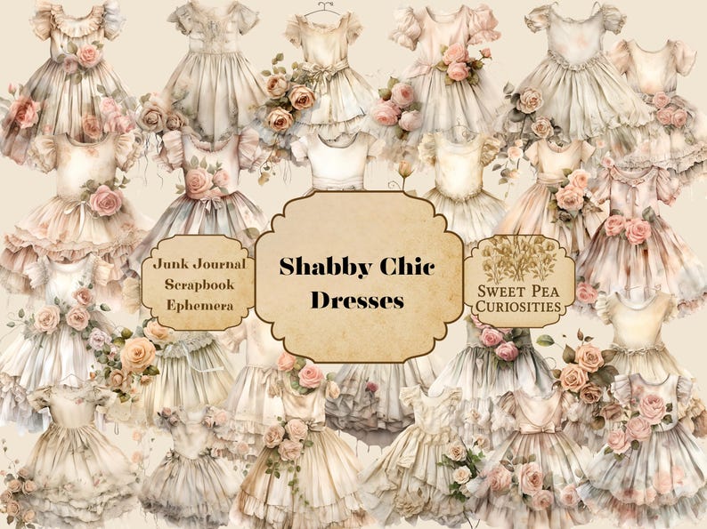 Shabby Chic Dresses Clipart - Pretty Flowers Collection - PNG - High Resolution, 300dpi, Junk Journal, Digital Download, Printable, Journal image 1