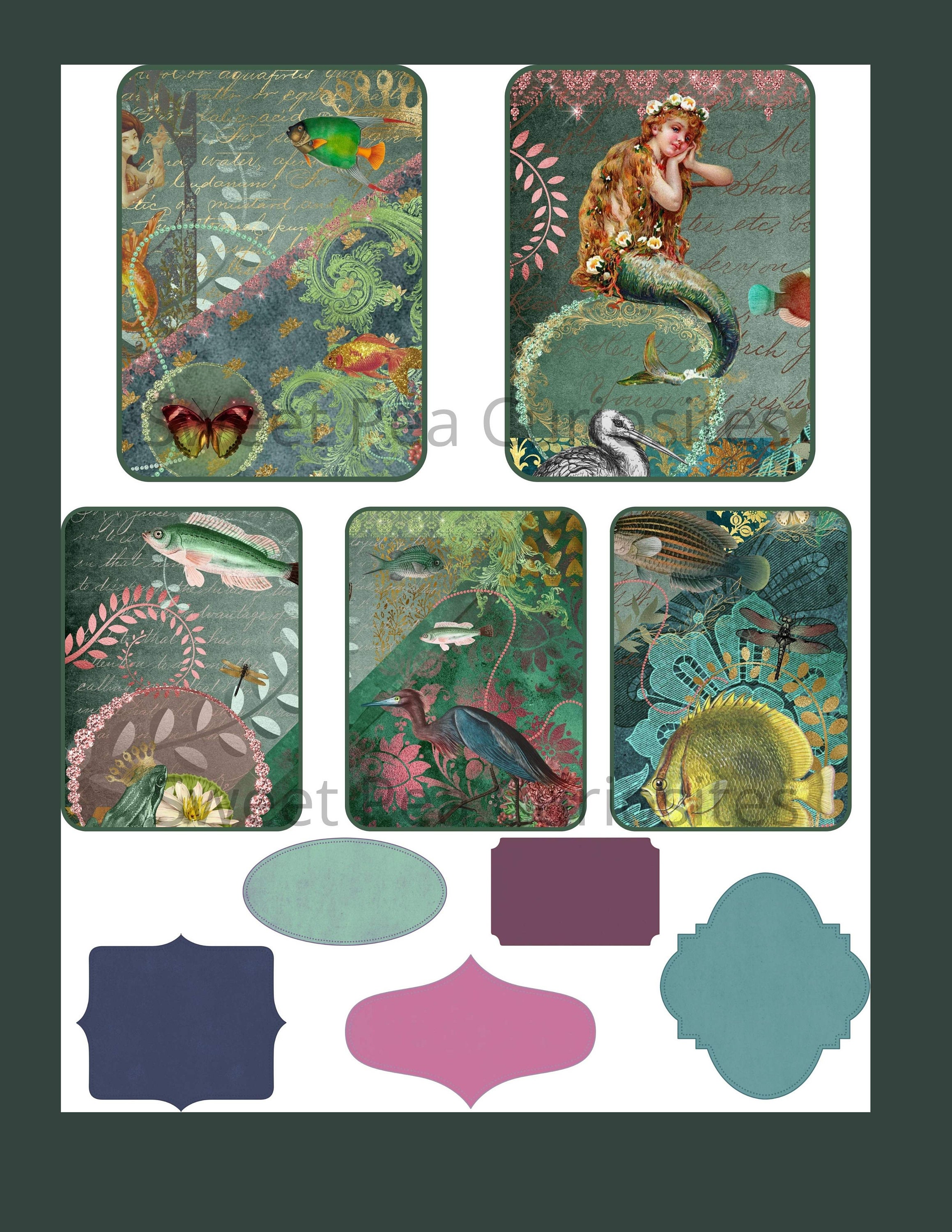 Surf Supplies Ephemera Digital Ocean Download Fish Mermaids printable Collage Under the Sea Junk Journal kit Journal Scrapbook