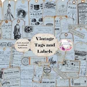Vintage, Propaganda, Azul, Kit de diário de lixo, Digital, Download, Imprimível, Diário de lixo, Etiquetas, Rótulos, Álbum de recortes, Efêmera, Shabby Chic