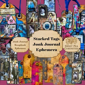 Junk Journal, Digital, Download, Printable, Junk Journal kit, Collage, Scrapbook, Ephemera, Stacked Tags, Colorful, Grunge, Mixed Media
