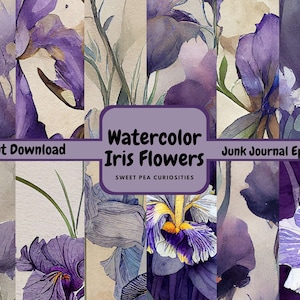 Könnte beinhalten: Digitaler Download von Aquarell-Iris-Blumenillustrationen. Die Bilder sind perfekt für Junk Journaling, Scrapbooking oder Kartenherstellung. Die Bilder zeigen lila, weiße und gelbe Irisblüten mit grünen Blättern auf einem beigefarbenen Hintergrund. Der Text "Watercolor Iris Flowers" und "Junk Journal Ephemera" ist im Bild enthalten.