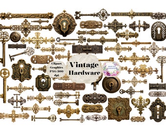 Hardware, Clipart, PNG,  Fussy Cuts, Junk Journal, Steampunk, Hinges, Keys, Grunge, Printable Digital Download, Ephemera, Latches, Vintage