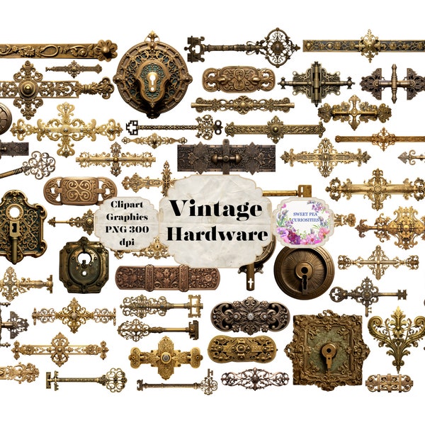 Hardware, Clipart, PNG,  Fussy Cuts, Junk Journal, Steampunk, Hinges, Keys, Grunge, Printable Digital Download, Ephemera, Latches, Vintage