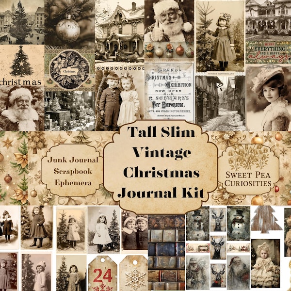 Vintage Christmas, Tall Slim, Junk Journal Kit, Digital, Download, Printable, Junk Journal, Collage, Scrapbook, Ephemera, Paper, Pockets