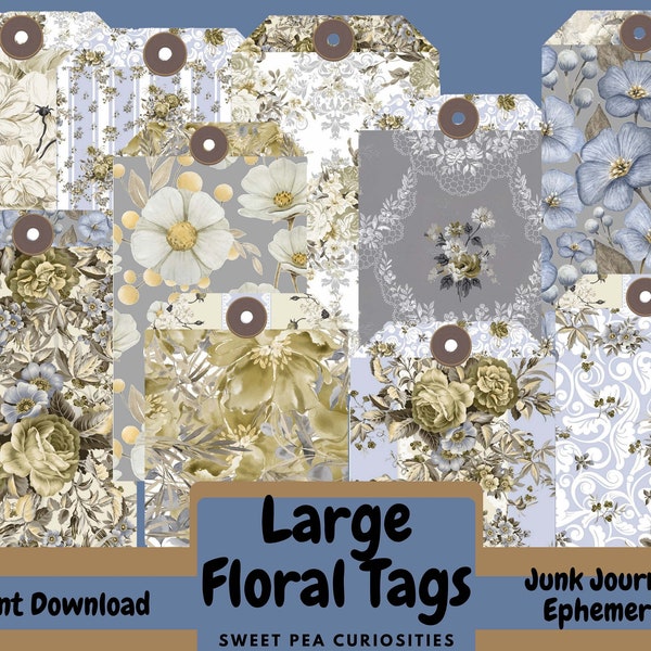 Large Floral Tags, Digital, Download, Printable, Junk Journal, Supplies, Ephemera, Mixed Media, Vintage, Paper, Embellishments, Floral, Art