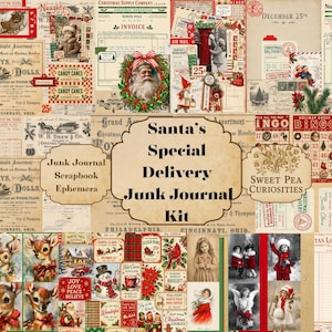 Puede incluir: Una hoja de collage digital con efímeros navideños de estilo vintage, que incluye facturas, tarjetas de bingo, ilustraciones de Santa Claus, renos, niños y etiquetas. El texto central dice Santa's Special Delivery Junk Journal Kit.