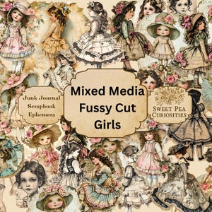 Técnica mixta, Niñas, Diario basura, Vintage, Imprimible, Descarga digital, Kit de diario basura, Collage, Álbum de recortes, Paquete, Materiales efímeros, Kit, Recorte preciso
