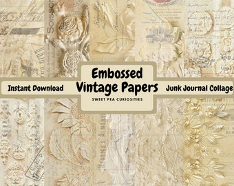 Embossed Vintage Papers, Digital, Download, Printable, Junk Journal, Ephemera, Collage, Scrapbook, Junk Journal Supplies, Mixed Media, Art