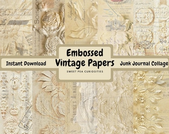 Embossed Vintage Papers, Digital, Download, Printable, Junk Journal, Ephemera, Collage, Scrapbook, Junk Journal Supplies, Mixed Media, Art