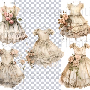 May include: Five vintage-style white dresses with lace trim and floral embellishments. Each dress has a different floral design and is adorned with delicate roses.